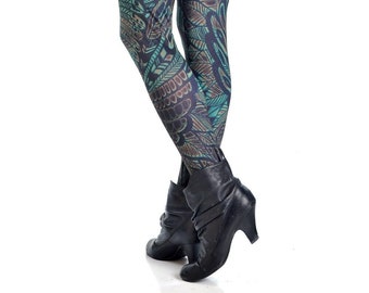 Turquoise Peacock Tribal Print Women Tights, Feathers Print Boho Chic Women Leggings, iffi creations