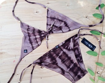 Licht- en donkerbruine tie-dye bikini: triangelbadmode Festivalstrandkleding