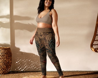 May include: A woman wearing brown and green patterned leggings with a high waist and a light brown sports bra. The leggings feature a geometric design with leaves and other natural elements.