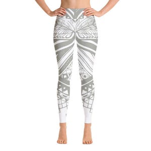 Ethnic Boho Yoga Leggings, Gray White Papillon Print, Festival Tights or Gym Pants, Activewear, Athleisure Gift for Yogi