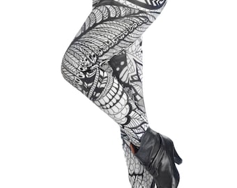 Legging, black and white, wings print, printed legging, peacock, printed tights, feather print, boho style, women leggings