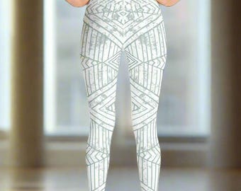 Green Geometric Yoga Festival Leggings for Women
