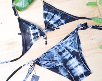 Black & White Tie Dye Bikini Set: Triangle Swimsuit, Festival Beachwear