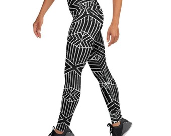 Black & White Geometric Yoga Festival Leggings for Women