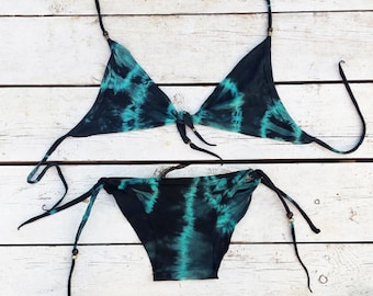 Sexy Bikini Set, Womens Bathing Suit, Two Piece Swimsuit, Boho Bikini, Tie Dye Dark Blue Bikini, Seamless Bikini, Dark Turquoise Bikini