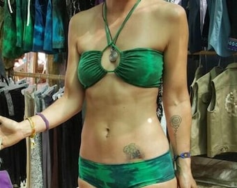 Grön tie dye bikini med bandeau-motiv, axelbandslös topp, hög midja, sexiga badkläder, strandfestoutfit, present till henne