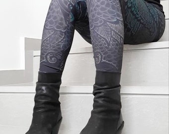 Turquoise Peacock Tribal Print Women Tights, Feathers Print Boho Chic Women Leggings, iffi creations