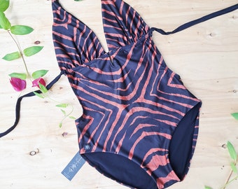 Stripes Boho Swimsuit, Unique Black & orange Print, , Zebra Bathing Suit, Flattering Cut Out, Open Back Style