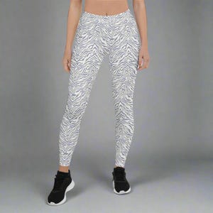 Gray White Women's Casual Cozy Wear, Abstract Stretchy Tight Pants, Full Length Leggings, Boho Look Gift Her