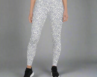 Gray White Women's Casual Cozy Wear, Abstract Stretchy Tight Pants, Full Length Leggings, Boho Look Gift Her