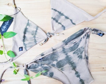 Crème kaki tie-dye bikini: driehoekig badpak, festivalstrandkleding