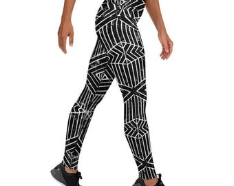 Black & White Geometric Yoga Festival Leggings for Women