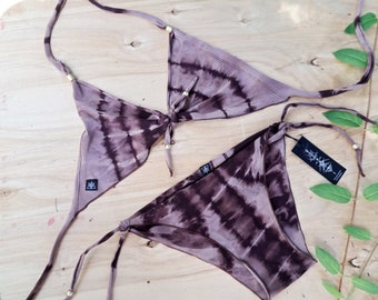 Light & Dark Brown Tie Dye Bikini: Triangle Swimwear Festival Beachwear