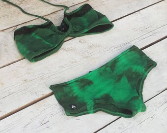 festival wear, Strapless Bikini, Tribal Tie-dye, Green, unique sexy undergarments, underwear, lingerie, Lycra and Lace, one of a kind