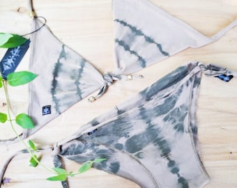 Cream Khaki Tie Dye Bikini: Triangle Swimsuit, Festival Beachwear