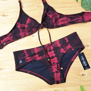 Red Tie Dye Boho Bikini, Designer Two Piece, Cheeky High Waisted Swimwear