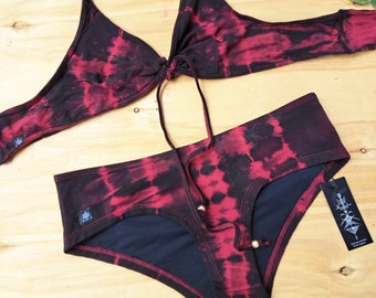 Red Tie Dye Boho Bikini, Designer Two Piece, Cheeky High Waisted Swimwear