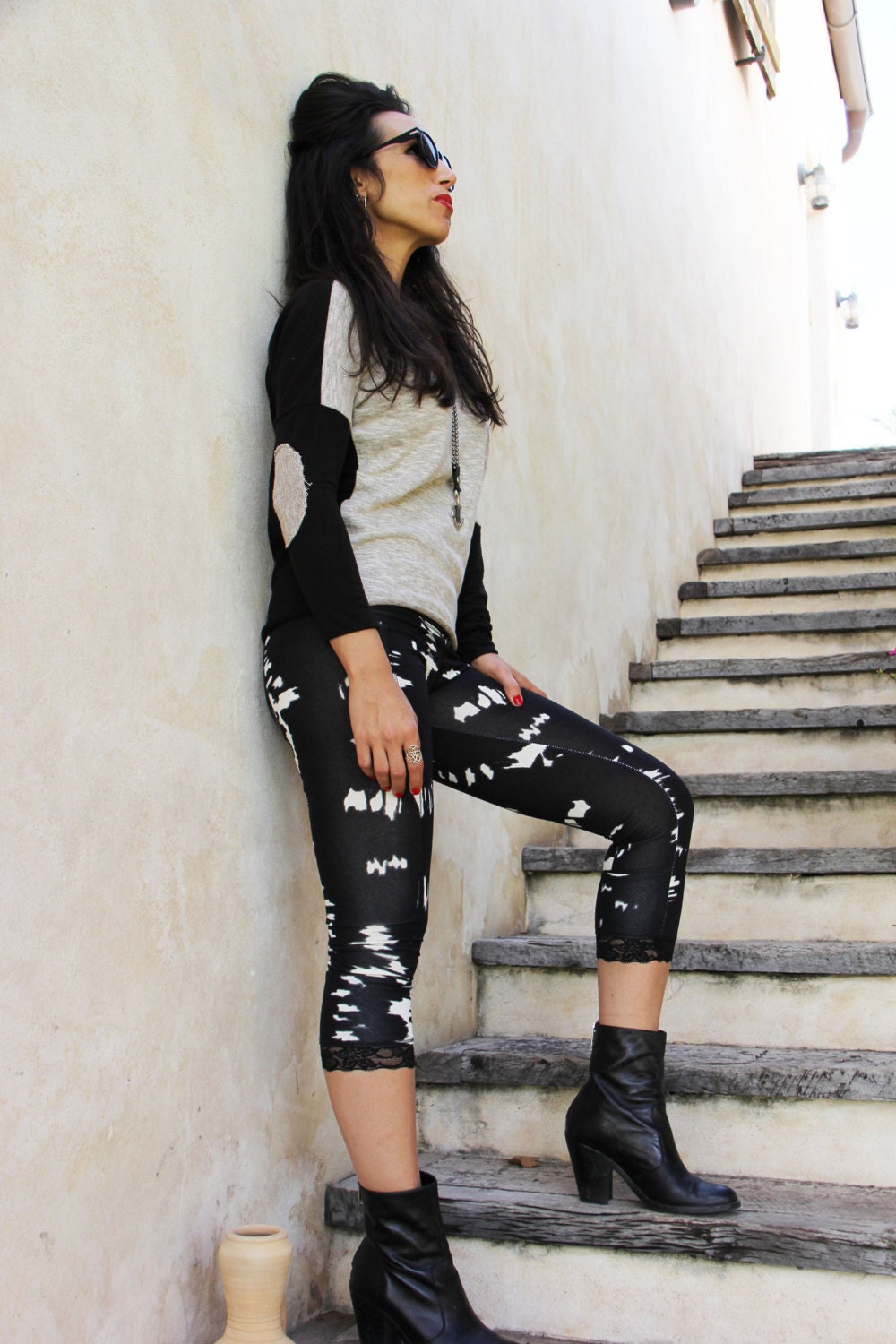 Stretchy Black White Yoga Pants, Lace Bottom Capri Leggings, Versatile Everyday Wear