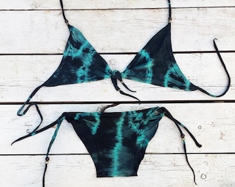 Tie Dye Dark Blue Bikini, Tie Dye Swimsuit, Women's Bikini, Seamless Bikini, Boho Bikini, Two Piece Swimsuit