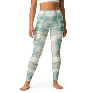 High Waist Tie-dye Teal Beige Yoga Leggings, Colorful Printed Stretch Tights, Fitness Wear