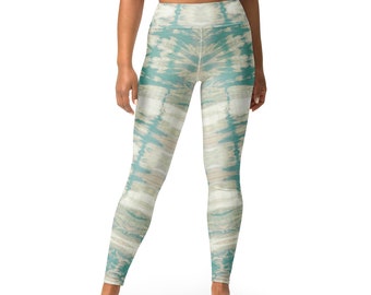 Hohe Taille, Tie-Dye-Yoga-Leggings in Blaugrün und Beige, bunt bedruckte Stretch-Strumpfhose, Fitnessbekleidung