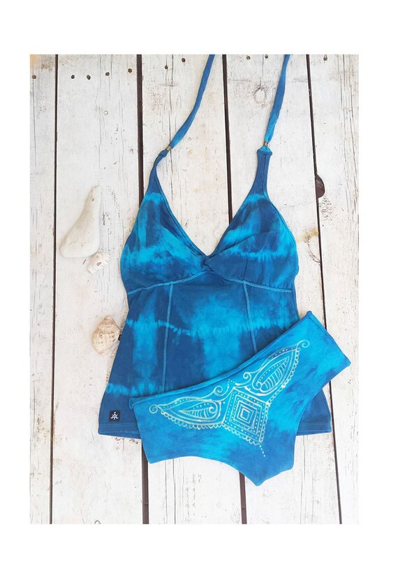 Yoga Wear, Blue Tankini, Tie Dye Swimsuit, Sexy Two Piece Bathing