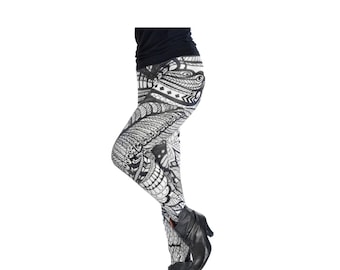 Legging, black and white, wings print, printed legging, peacock, printed tights, feather print, boho style, women leggings
