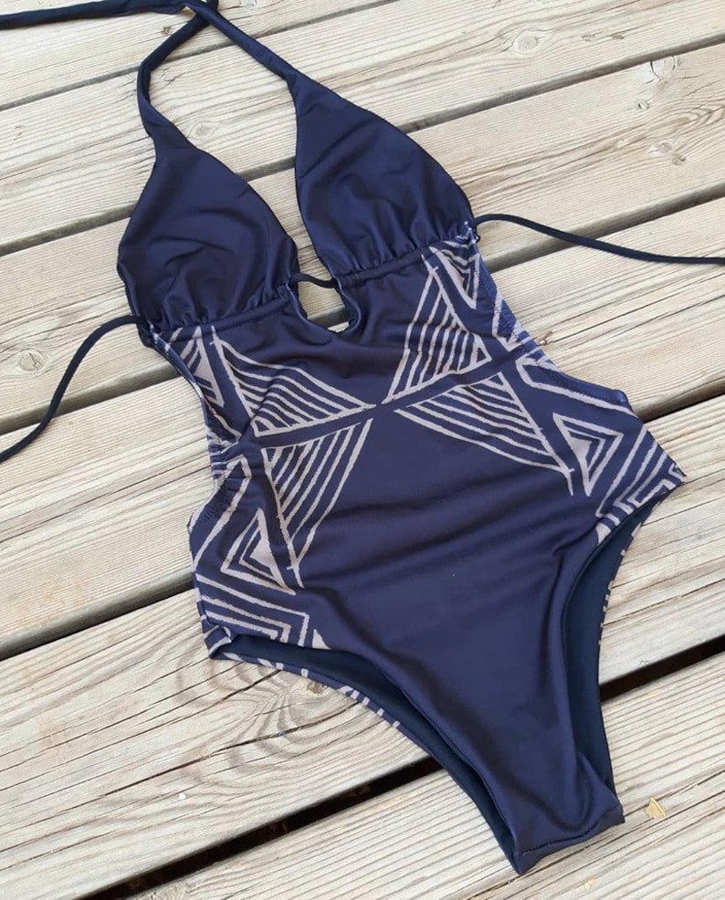 Unique Black Printed One Piece Swimsuit, Flattering Cut Out Swimsuit, Geometric Open Back Bathing Suit, Boho Swimwear image 7