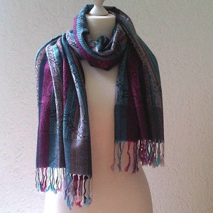 Écharpe tissée à franges XL écharpe rayée rose pétrole motif paisley pashmina style unisexe écharpe douce au toucher large écharpe d&#39;épaule volée