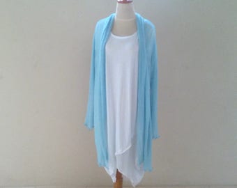 Cárdigan de mujer con cuello chal, azul claro, cárdigan de punto fino elástico, capa extragrande, manga larga, chaqueta de mujer talla grande, manta, HECHO A MANO
