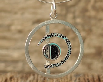 Half moon pendant, round hammered pendant, sterling silver, hammered, brushed, black stingray leather, handmade