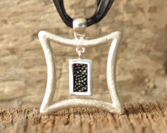 SQUARE FRAME silver pendant design curved, brushed matt, black stingray leather, exotic leather, design jewelry, handmade, gift for her