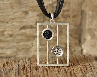 DOUBLE DOTS pendant sterling silver, brushed, hammered, rectangular, black stingray leather, jewelry gift unisex, handmade