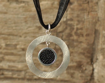 Round disc pendant SINGLE DISC DESIGN, brushed sterling silver, black stingray leather, exotic, handmade, gift for her