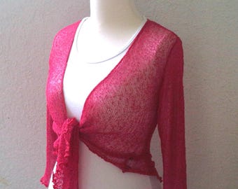 Bolero Boho Weste Stretch Strickjacke rot pink Damen Cardigan Kurze Strickjacke Stretch Bolero Tunika onesize Sommer Jäckchen Shrug HANDMADE