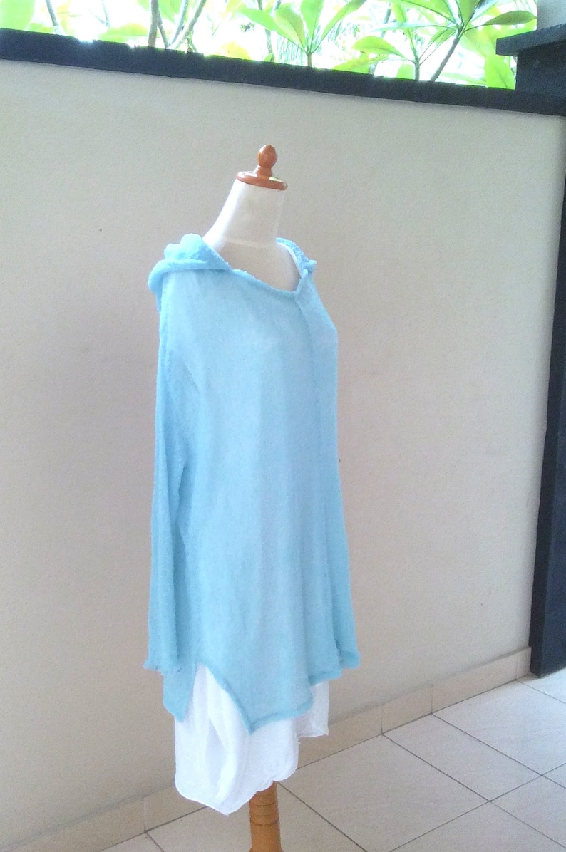 Knit Hoodie blue LAYER-LOOK oversize Ladies Stretch HOODY sky blue Plus Size Light blue cover up Poncho fine knit jumper hooded sweatshirt