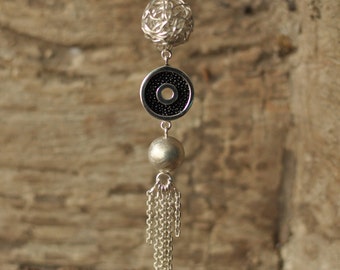 Silver Tassel pendant CRAZY WIRE BALL black stingray silver, gift for her, matte brushed silver ball, handmade