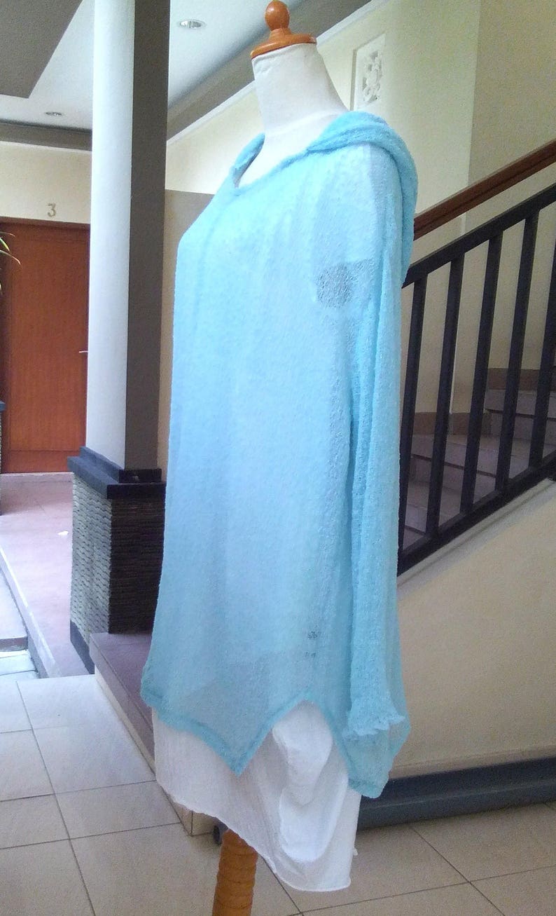 Knit Hoodie blue LAYER-LOOK oversize Ladies Stretch HOODY sky blue Plus Size Light blue cover up Poncho fine knit jumper hooded sweatshirt
