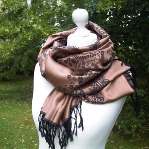 Woven scarf XL-scarf fringed shawl large brown black floral pattern pashmina scarf unisex style soft touch wide shawl stole