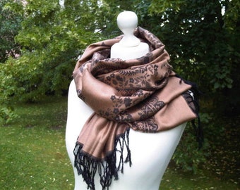 Woven scarf XL-scarf fringed shawl large brown black floral pattern pashmina scarf unisex style soft touch wide shawl stole