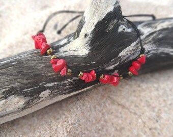 Anklet boho Hippy beach jewelry Unisex anklet Festival jewelry Boho bracelet Red pebbles Beaded gold Handmade