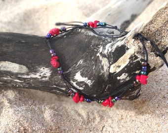 Fußkettchen Hippie Boho Strand Schmuck unisex Fußkette rote Steinchen bunte Perlen Handmade Festival Schmuck