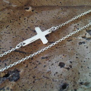 Sideway cross necklace little cross 925 sterling silver handmade silver cross religion asymmetric chain simple cross image 2