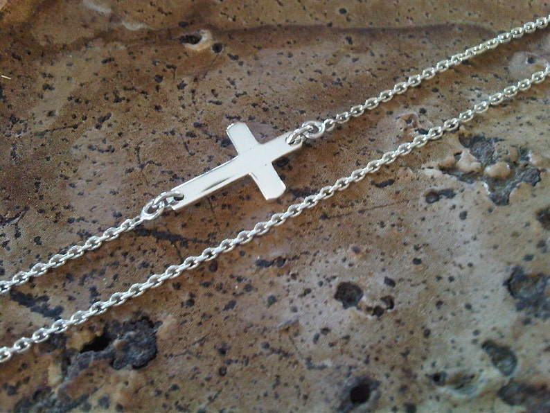 Sideway cross necklace little cross 925 sterling silver handmade silver cross religion asymmetric chain simple cross image 2