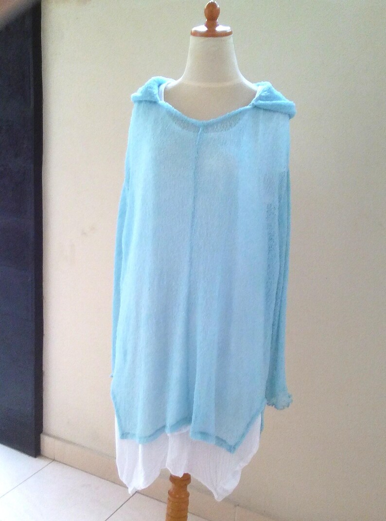 Knit Hoodie blue LAYER-LOOK oversize Ladies Stretch HOODY sky blue Plus Size Light blue cover up Poncho fine knit jumper hooded sweatshirt