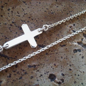 Sideway cross necklace little cross 925 sterling silver handmade silver cross religion asymmetric chain simple cross image 3
