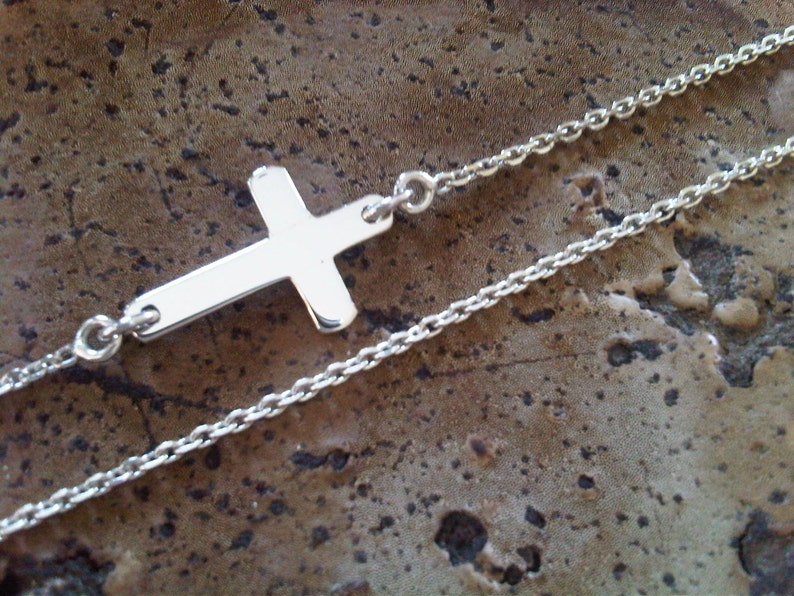 Sideway cross necklace little cross 925 sterling silver handmade silver cross religion asymmetric chain simple cross image 3