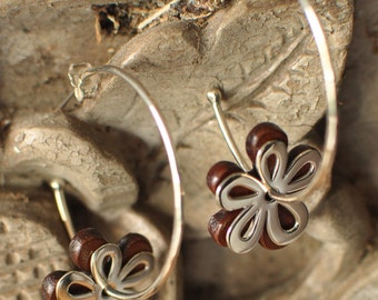 DAISY flower boho hoops earrings sterling silver brown leather, daisy silver & leather flowers, leather earrings, handmade