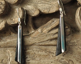 Earrings TRIANGLE KOMBI black, sterling silver, black cowhide, gift for her, leather silver earrings, leather jewelry, handmade