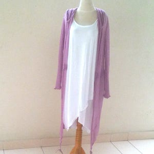 Boho Summer knitted coat with hood fine Ladies Cardigan long jacket coat with belt and large hood long sleeve ruffled sleeves MAUVE image 1